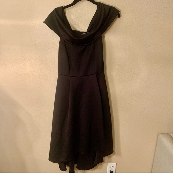Boohoo Midi Dress Sz 6 Black Gown Off the Shoulder Hi-Low Heavy Sleeveless - Picture 12 of 14